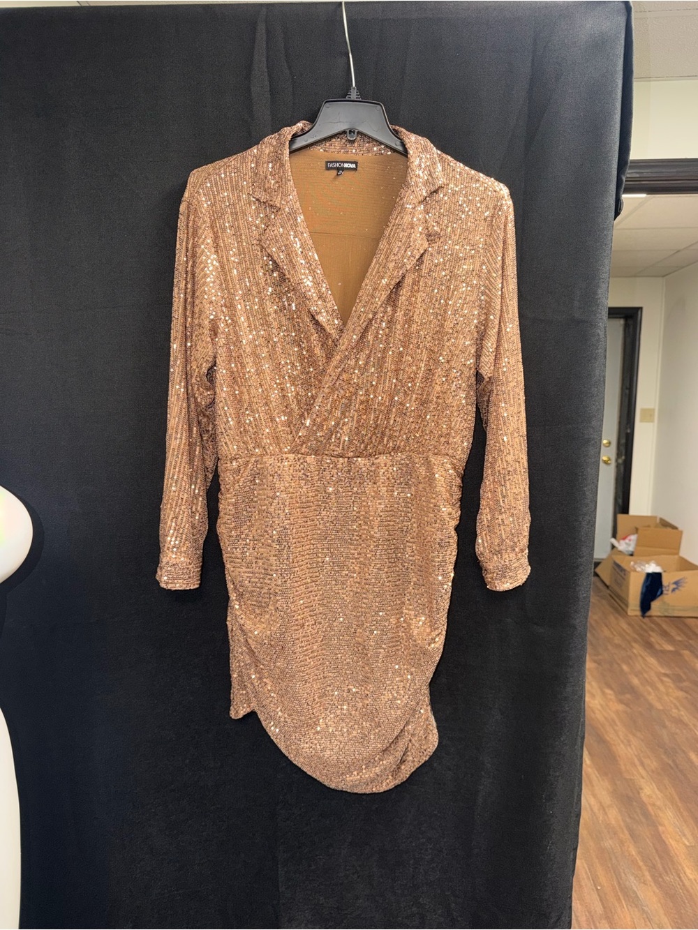 Express Copper Sequin Long Sleeve Wrap Dress